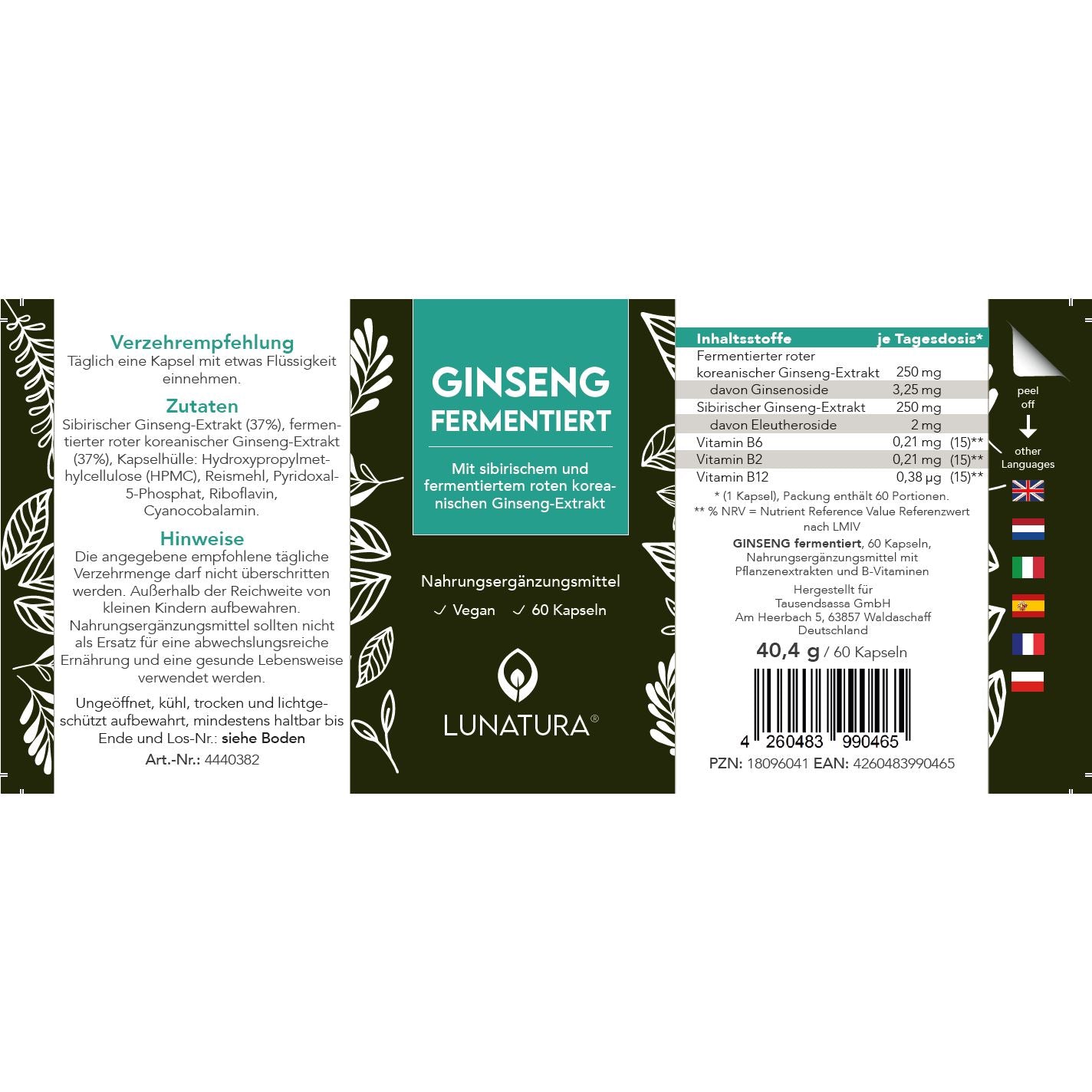 Lunatura Ginseng fermentiert mit B-Vitaminen - 60 vegane Kapseln