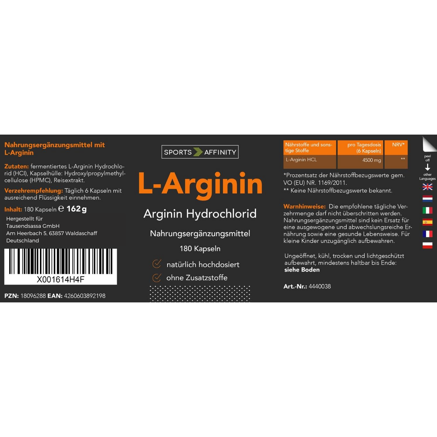 Sports Affinity Aminosäure L-Arginin - 180 vegane Kapseln