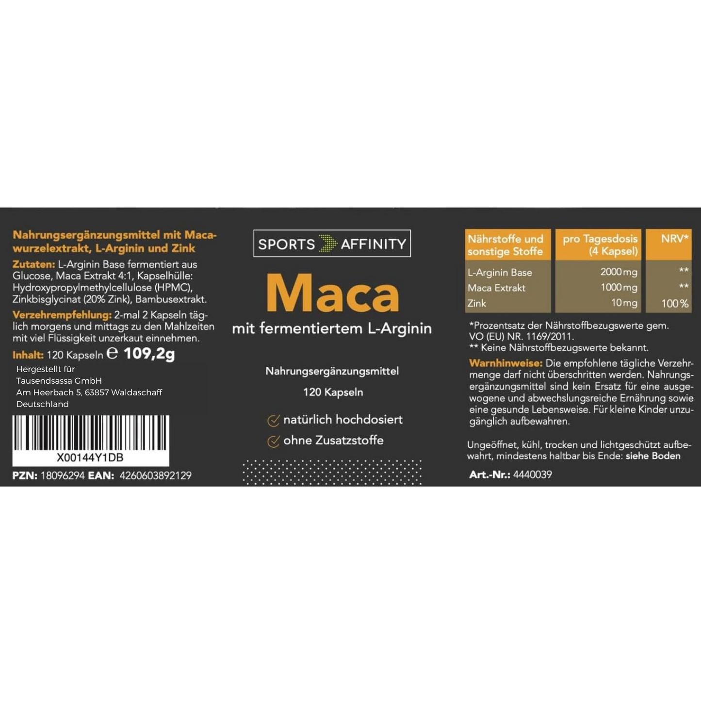 Sports Affinity Maca-Extrakt + L-Arginin - 120 Kapseln