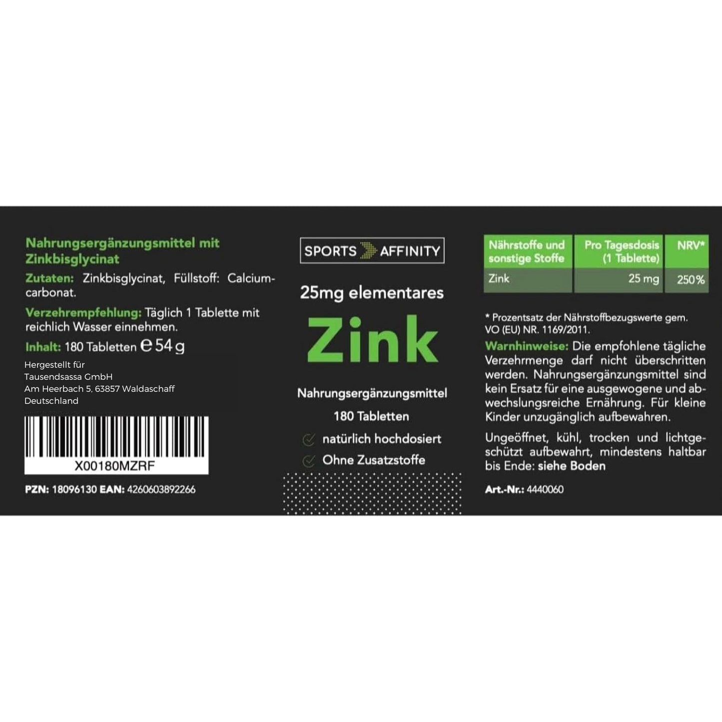 Sports Affinity Zink (Bisglycinat) - 180 hochdosierte Tabletten