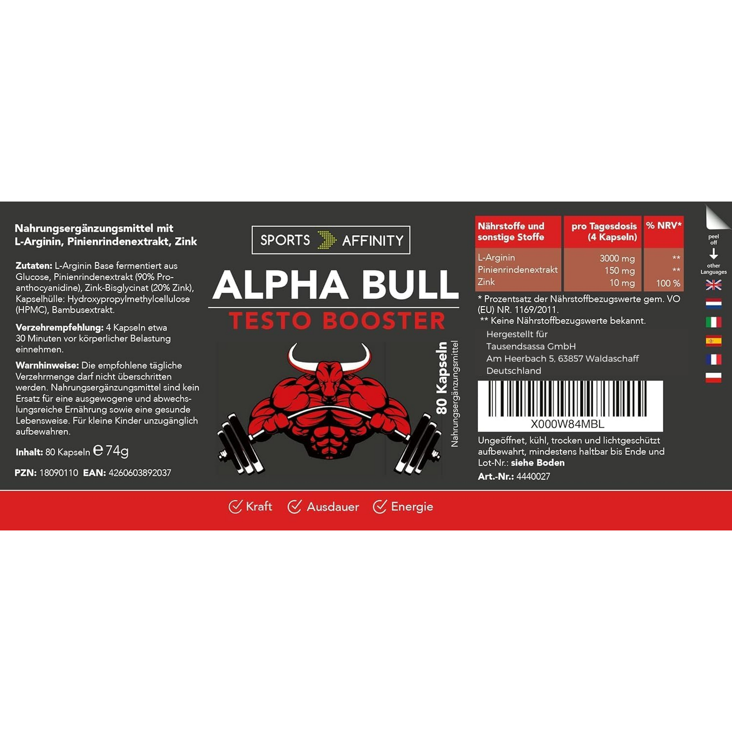 Sports Affinity Alpha Bull - L-Arginin + Zink + Pinienrindenextrakt - 80 Kapseln