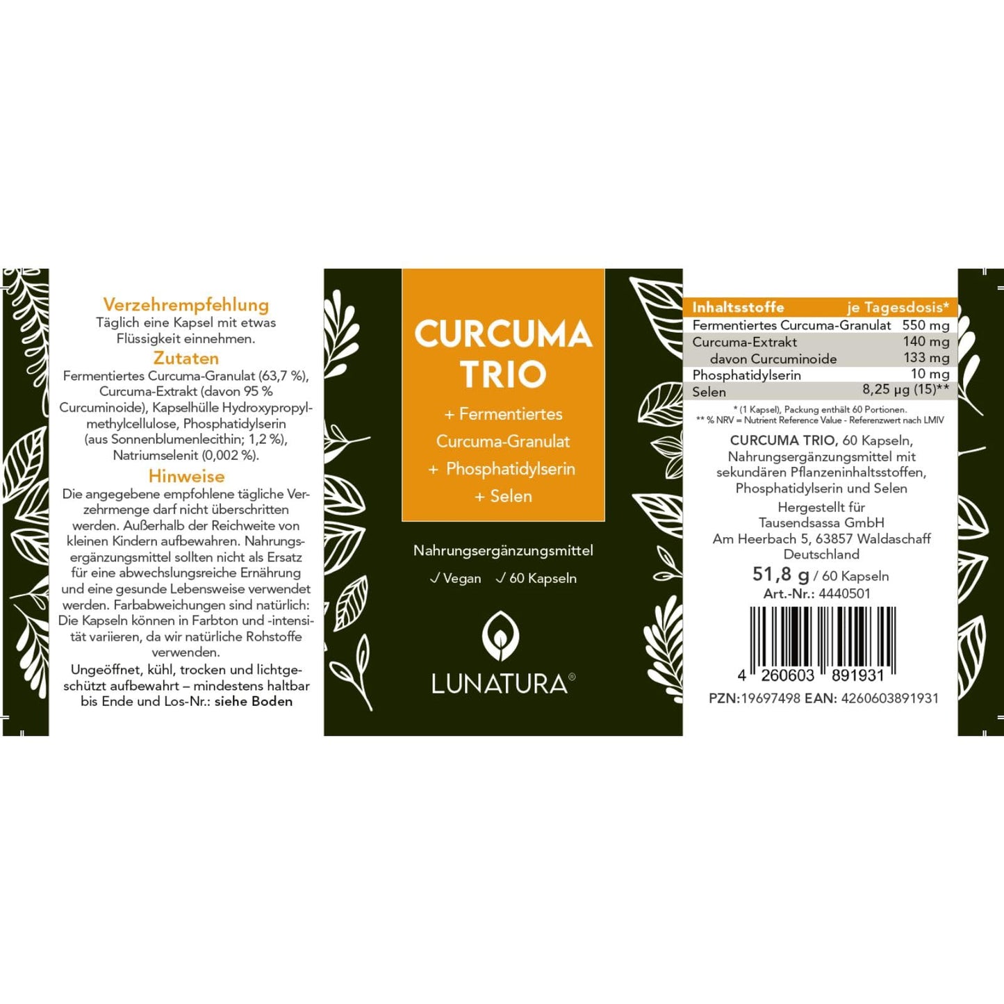 Lunatura Curcuma Trio | Kurkuma Kapseln mit Curcumin | Hochdosiert & Fermentiert |  Angereichert mit Selen & Phosphatidylserin | 60 vegane Kapseln